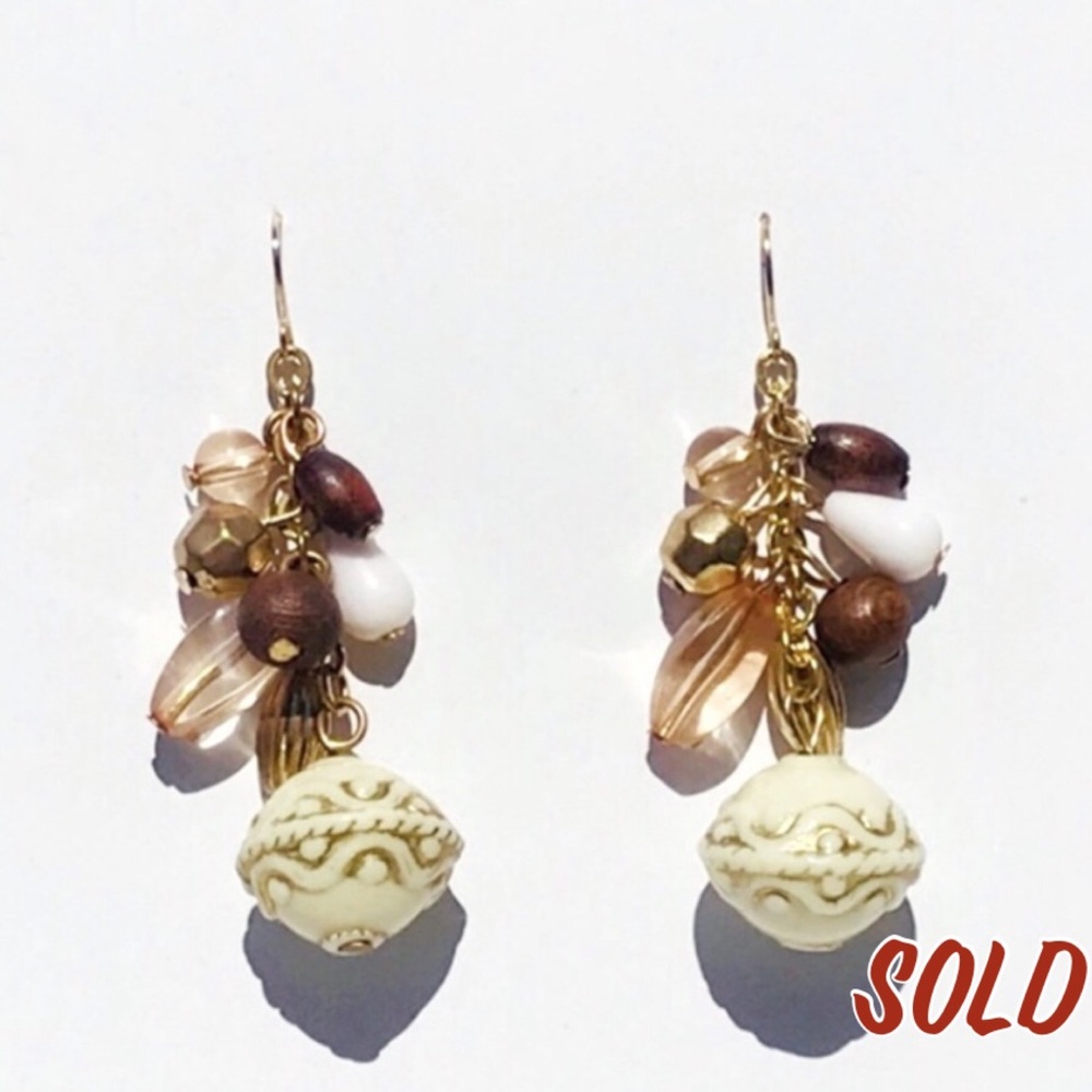 Brown and White Dangly Beaded Fishhook Earrings